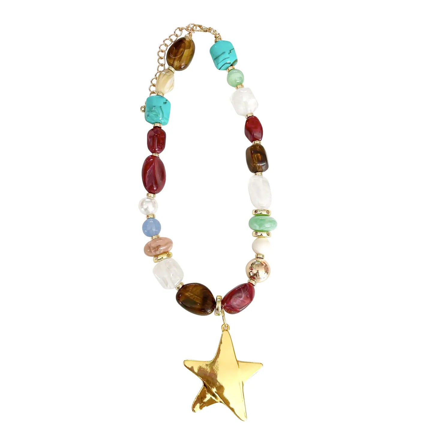 Necklace with multicolored beads and a gold star pendant on a white background