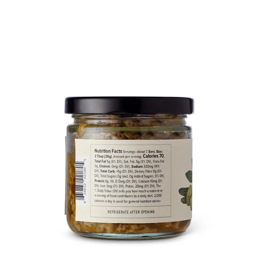 Glass jar list of Green Olive Tapenade nutrition facts