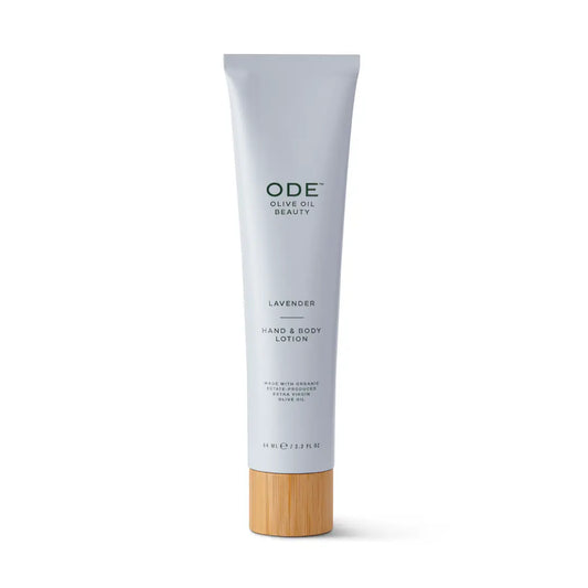 Tube of ODE Lavender Hand & Body Lotion with a wooden cap on a white background