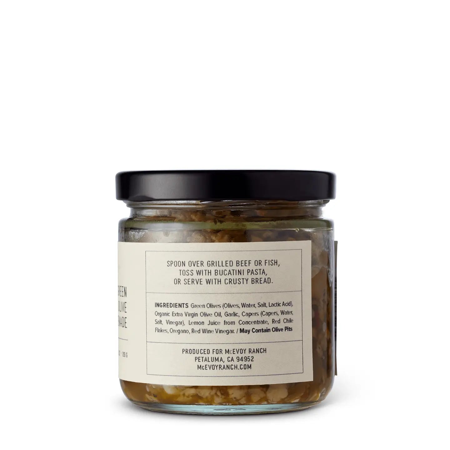 Glass jar list of Green Olive Tapenade list of ingredients
