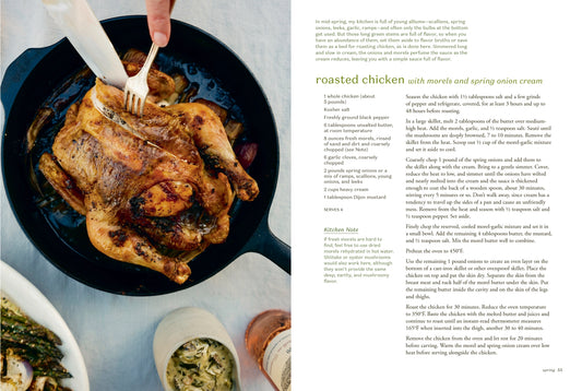 Roasted chicken in a pan with a side of green beans and a bowl of sauce, next to a recipe text.