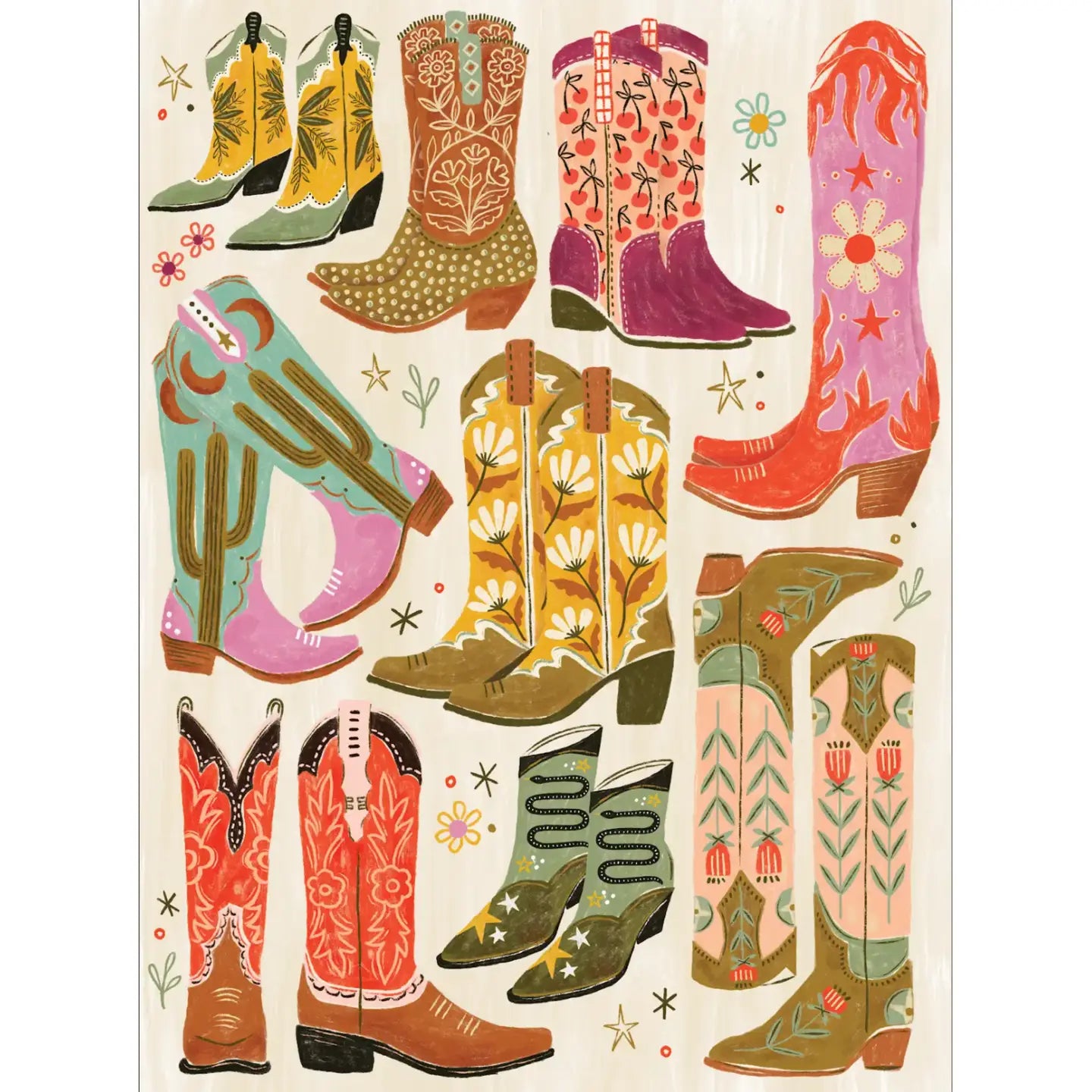 1000 piece puzzle of colorful cowboy boots with various patterns on a white background