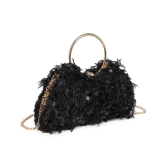 Black feathered handbag with gold chain and handle on a white background
