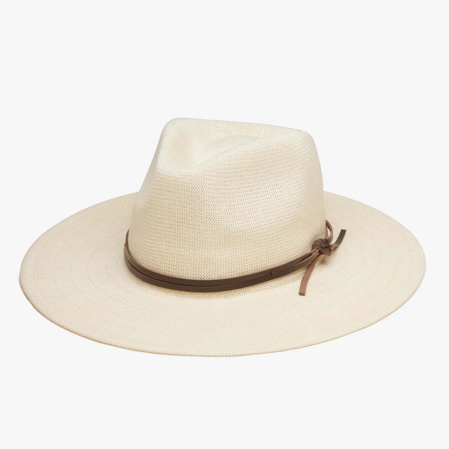 Ivory straw hat with a brown leather band on a white background