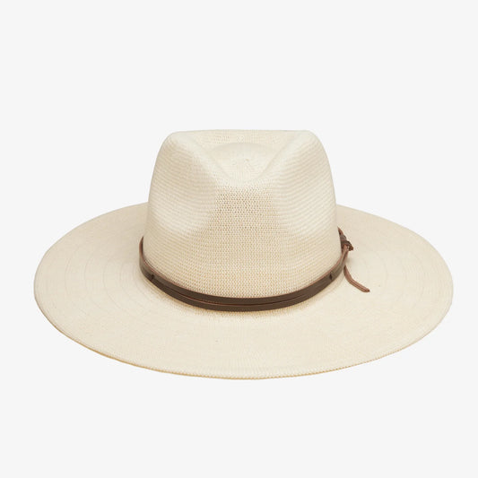 Ivory straw hat with a brown leather band on a white background