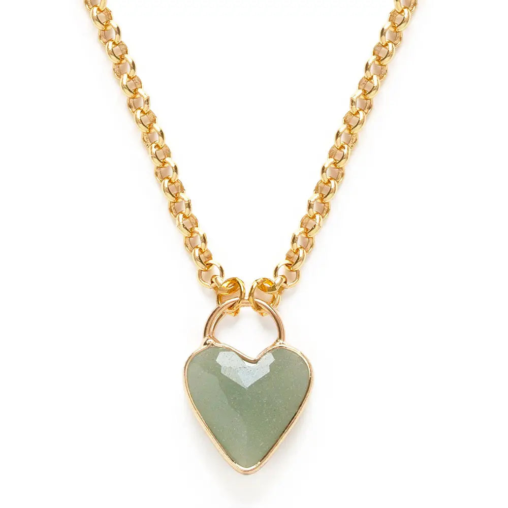 Gold necklace with an Aventurine heart-shaped pendant on a white background