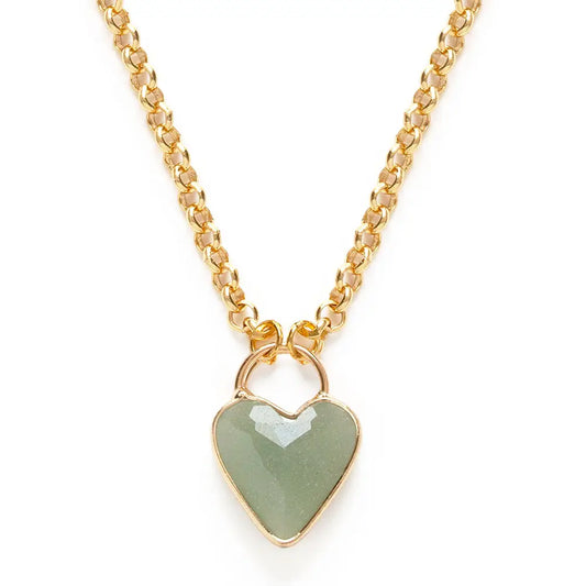 Gold necklace with an Aventurine heart-shaped pendant on a white background