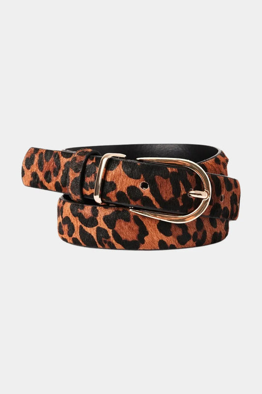 Leopard print belt with a gold buckle on a light gray background
