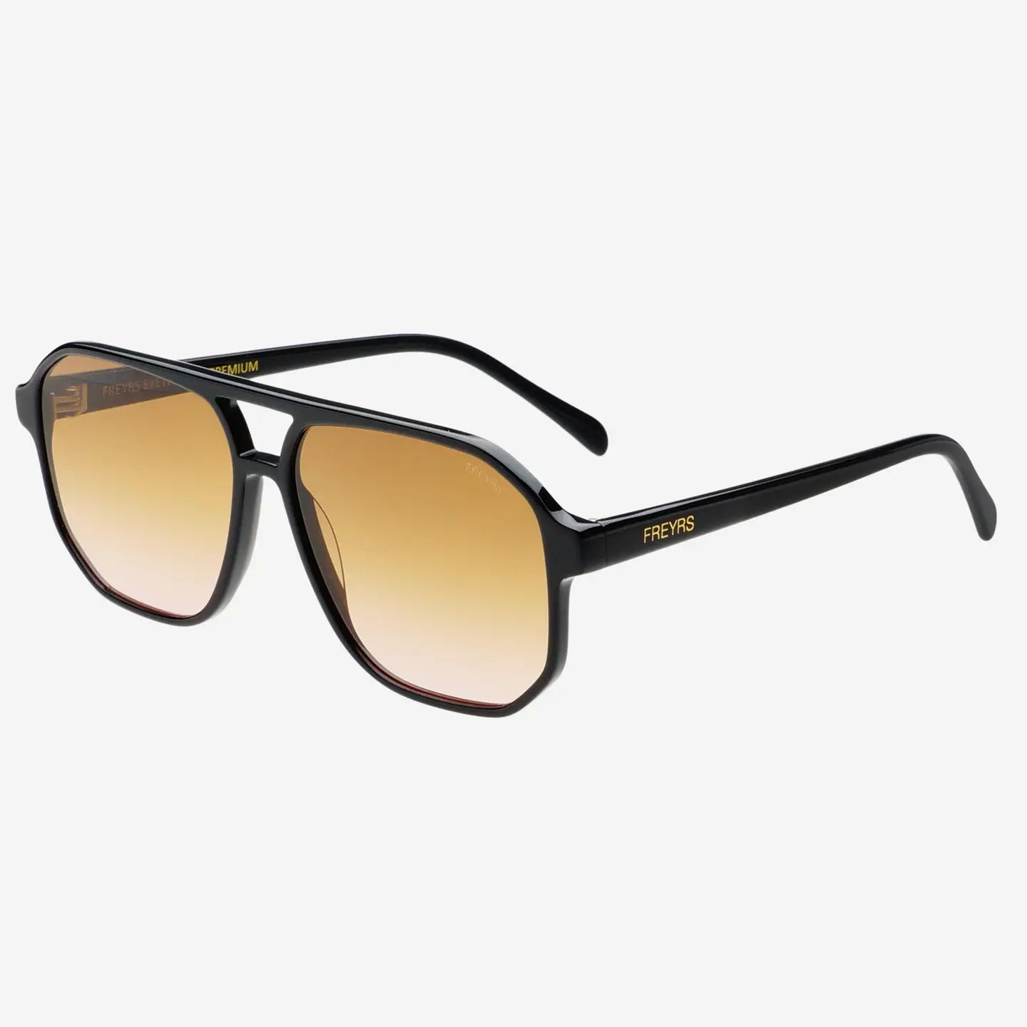 Sunglasses with black frame and brown gradient lenses on a white background