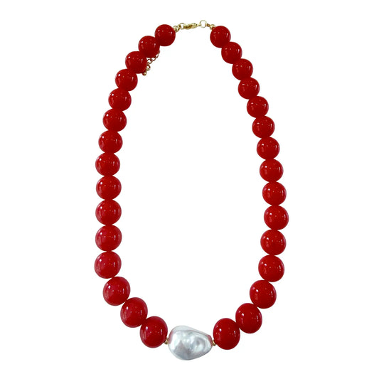 Kira Beaded Necklace with Pearl Accent - Red