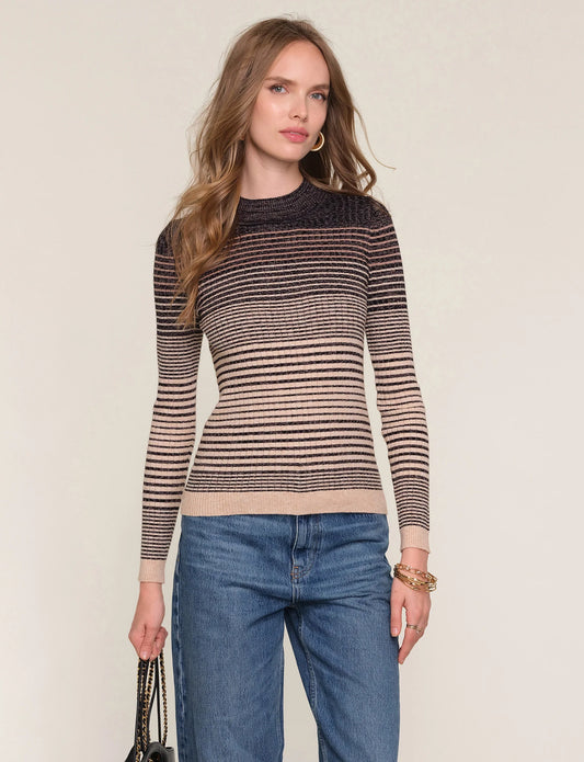 slim fit, crew neck sweater. It features an ombre stitch detail with a metallic thread throughout.
