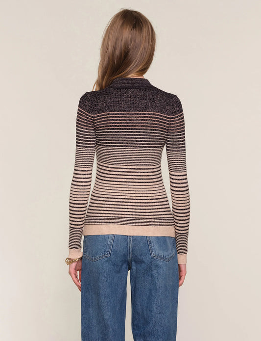 slim fit, crew neck sweater. It features an ombre stitch detail with a metallic thread throughout.