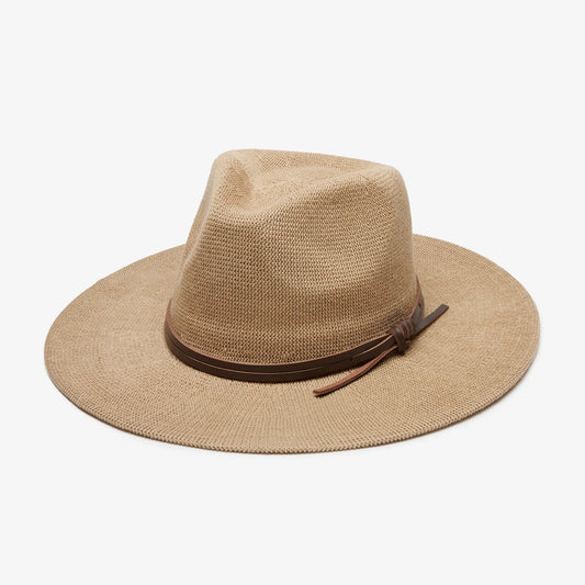 Tan straw hat with a brown leather band on a white background
