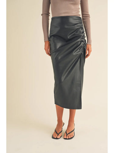 Side Ruched Faux Leather Skirt
