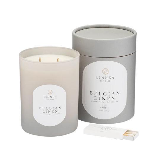 Belgian Linen candle with packaging on a white background