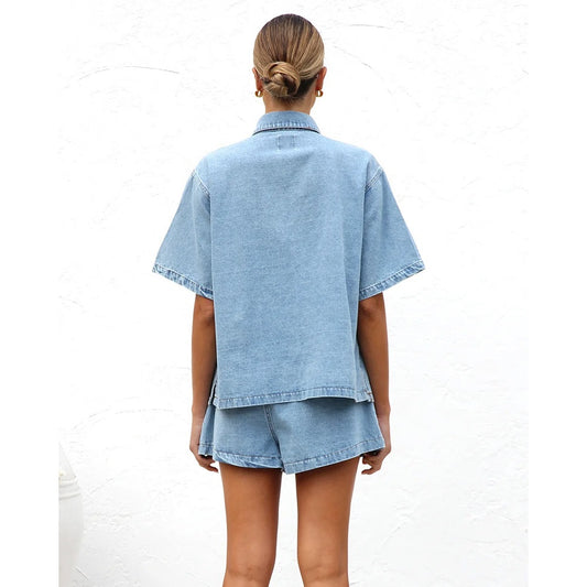 Two Piece Denim Short Set back view