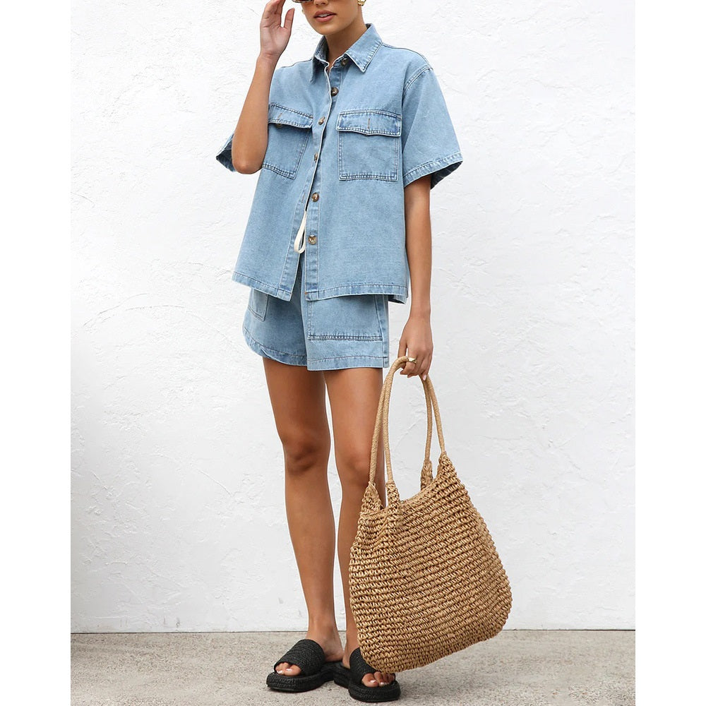 Two Piece Denim Short Set front view