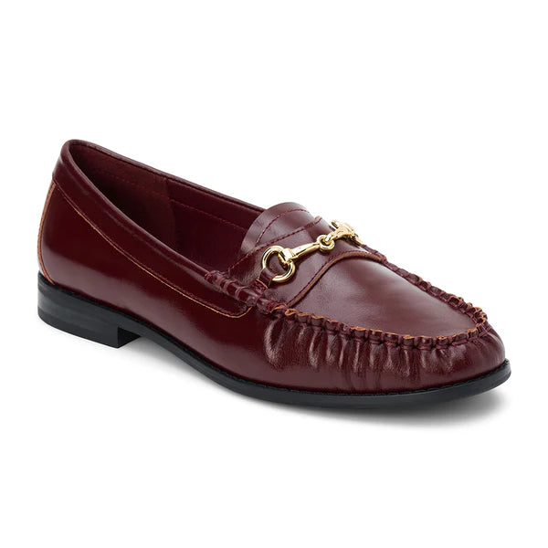 Burgundy leather loafer with gold chain detail on a white background