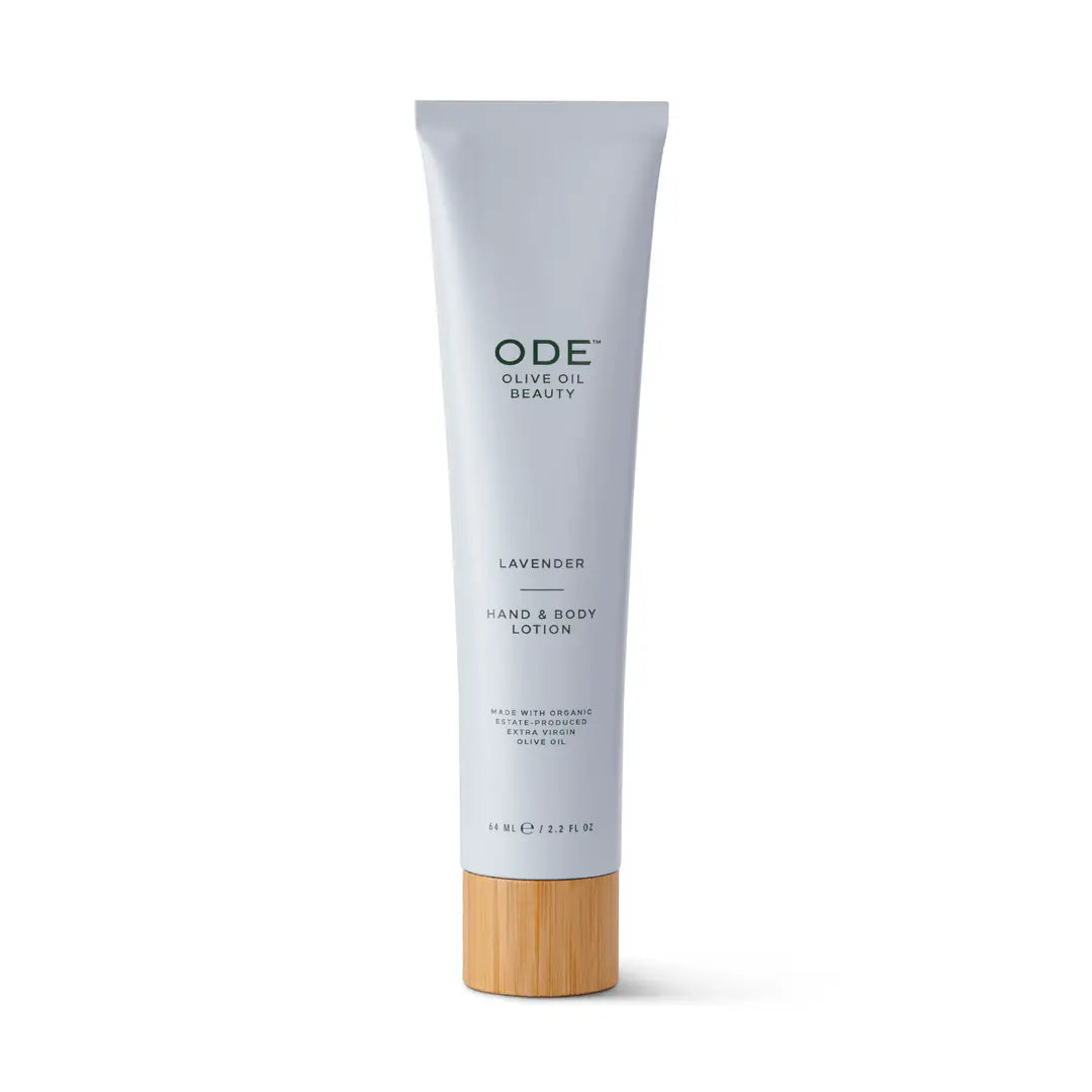 Tube of ODE Lavender Hand & Body Lotion with a wooden cap on a white background
