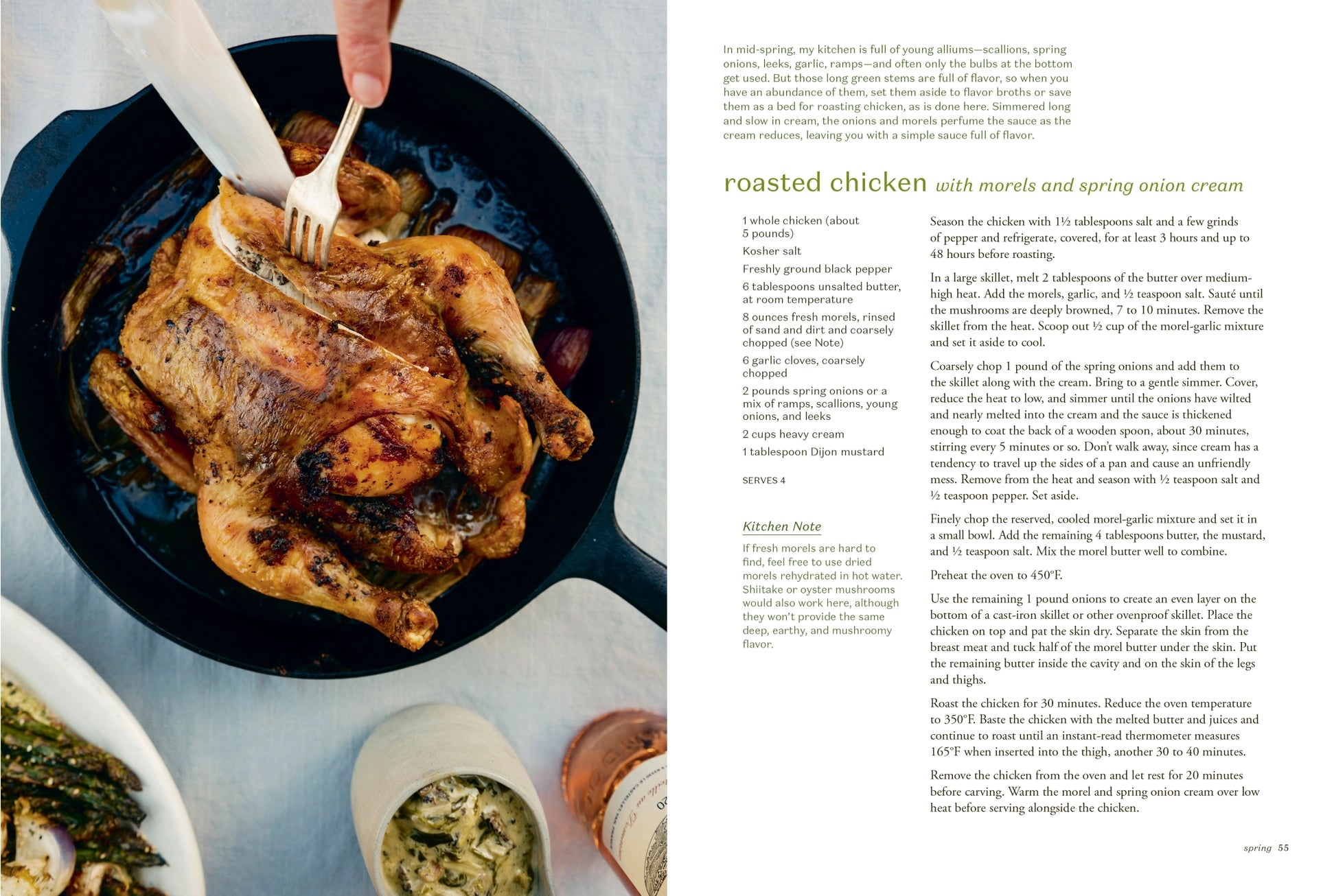 Roasted chicken in a pan with a side of green beans and a bowl of sauce, next to a recipe text.
