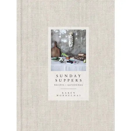 Book cover of 'Sunday Suppers' with a photo of a table setting on a textured beige background