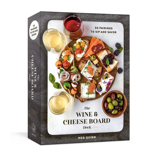 A collection of 54 cards by Meg Quinn that teaches how to pair 50 different wines with cheeses, offering recipes, shopping lists, and tasting notes for each combination