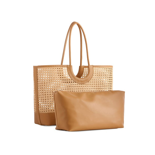 Tan woven tote bag with matching pouch on a white background
