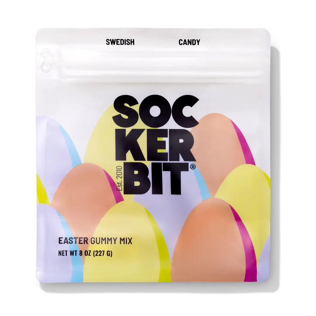 Packaging of Sockerbit Easter gummy mix with colorful gummy eggs on a white background.