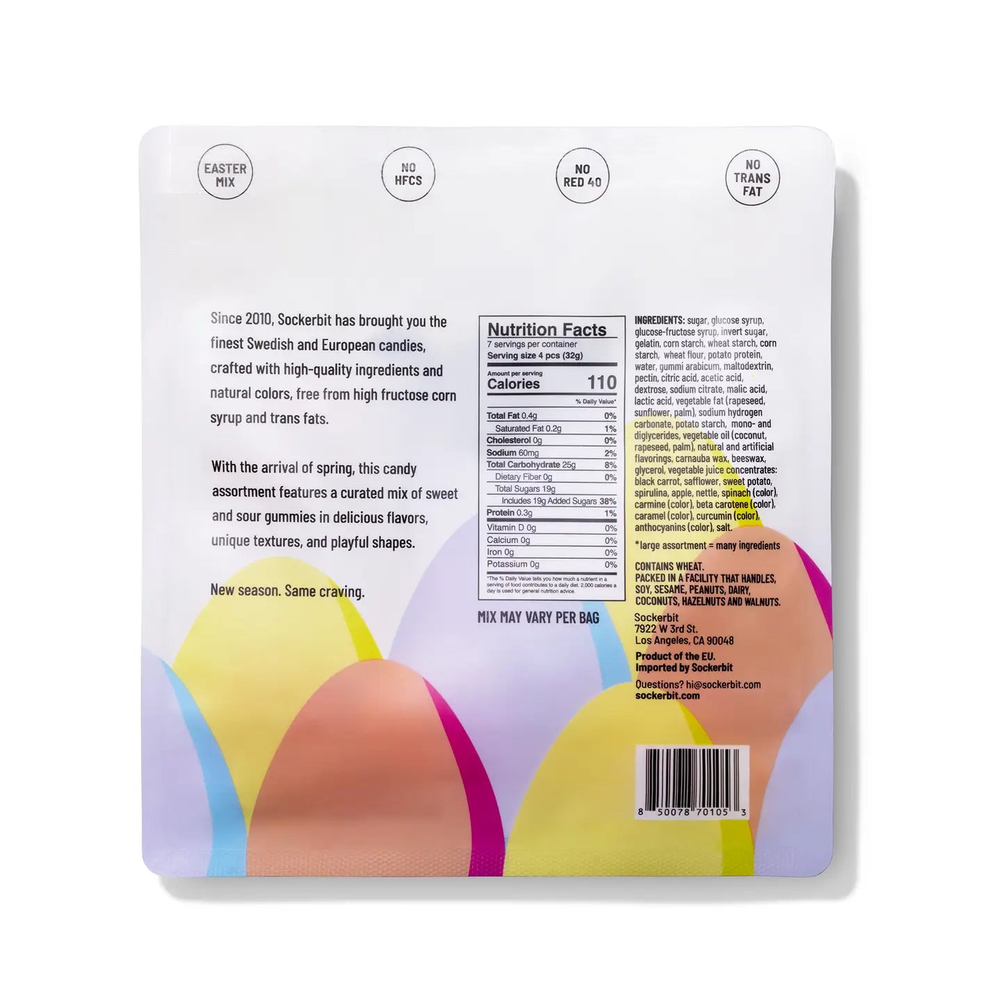Back of a candy packaging with colorful abstract designs and text.