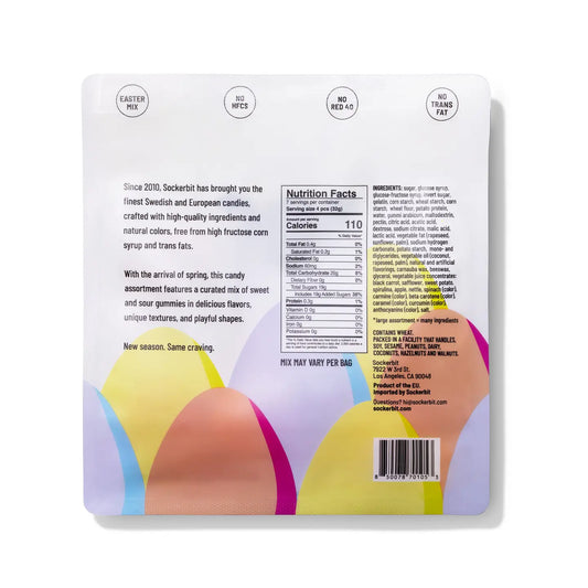 Back of a candy packaging with colorful abstract designs and text.