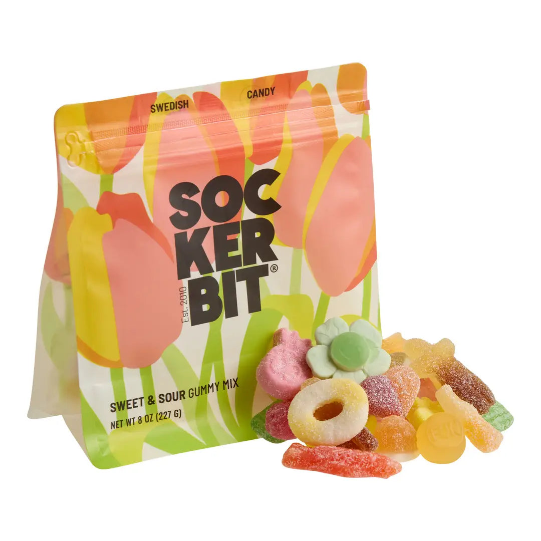 Swedish Candy Sweet & Sour gummy candy package with colorful gummies on a white background