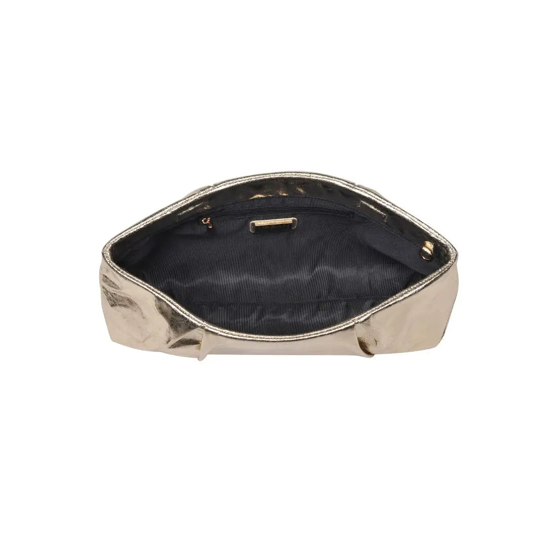 Gold clutch bag with black interior on a white background