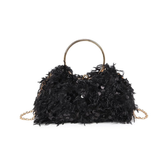 Black sequin handbag with a gold chain on a white background