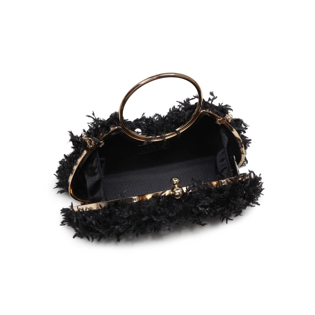 Black feathered handbag with gold accents on a white background