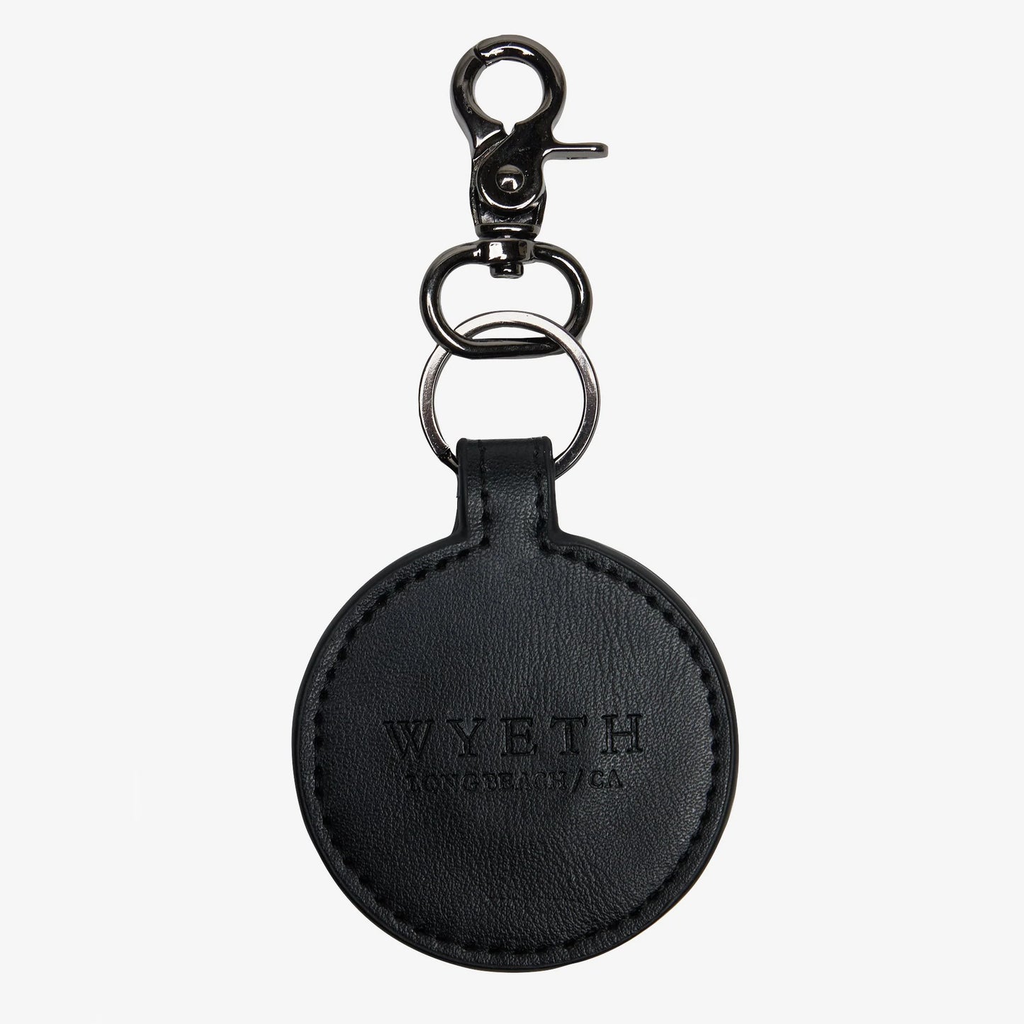 Black leather hat clip with a metal clasp on a white background