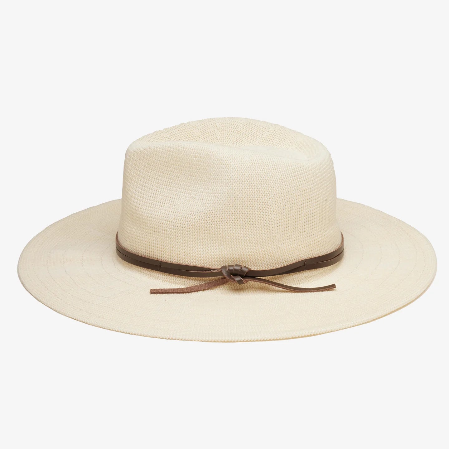 Ivory straw hat with a brown leather band on a white background