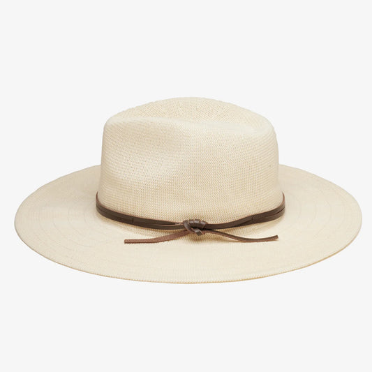 Ivory straw hat with a brown leather band on a white background