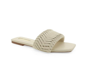 Feva Sandal in Bone Color padded footbed open soft square toe wide single strap across vamp statement woven finish easy slip on design open heel counter synthetic upper, lining and outsole