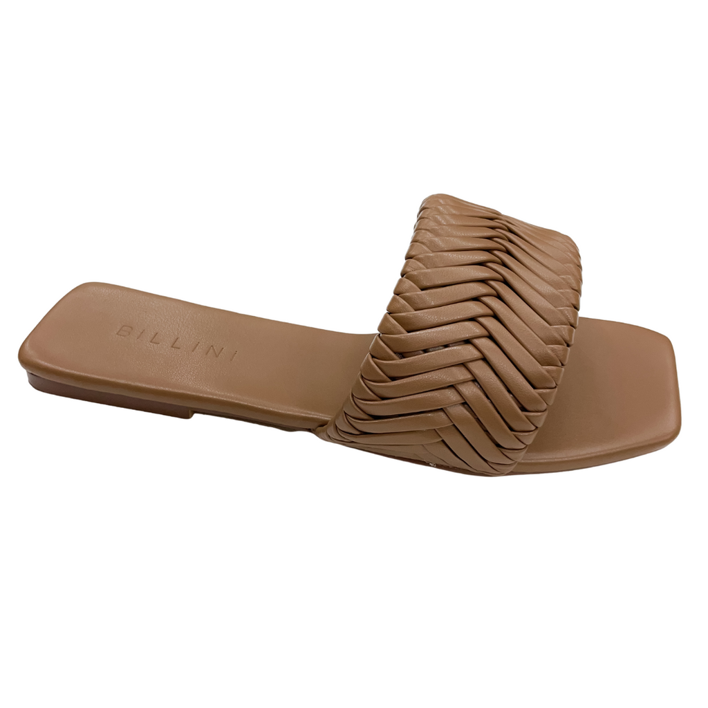 Feva Sandal in Toffee Color padded footbed open soft square toe wide single strap across vamp statement woven finish easy slip on design open heel counter synthetic upper, lining and outsole