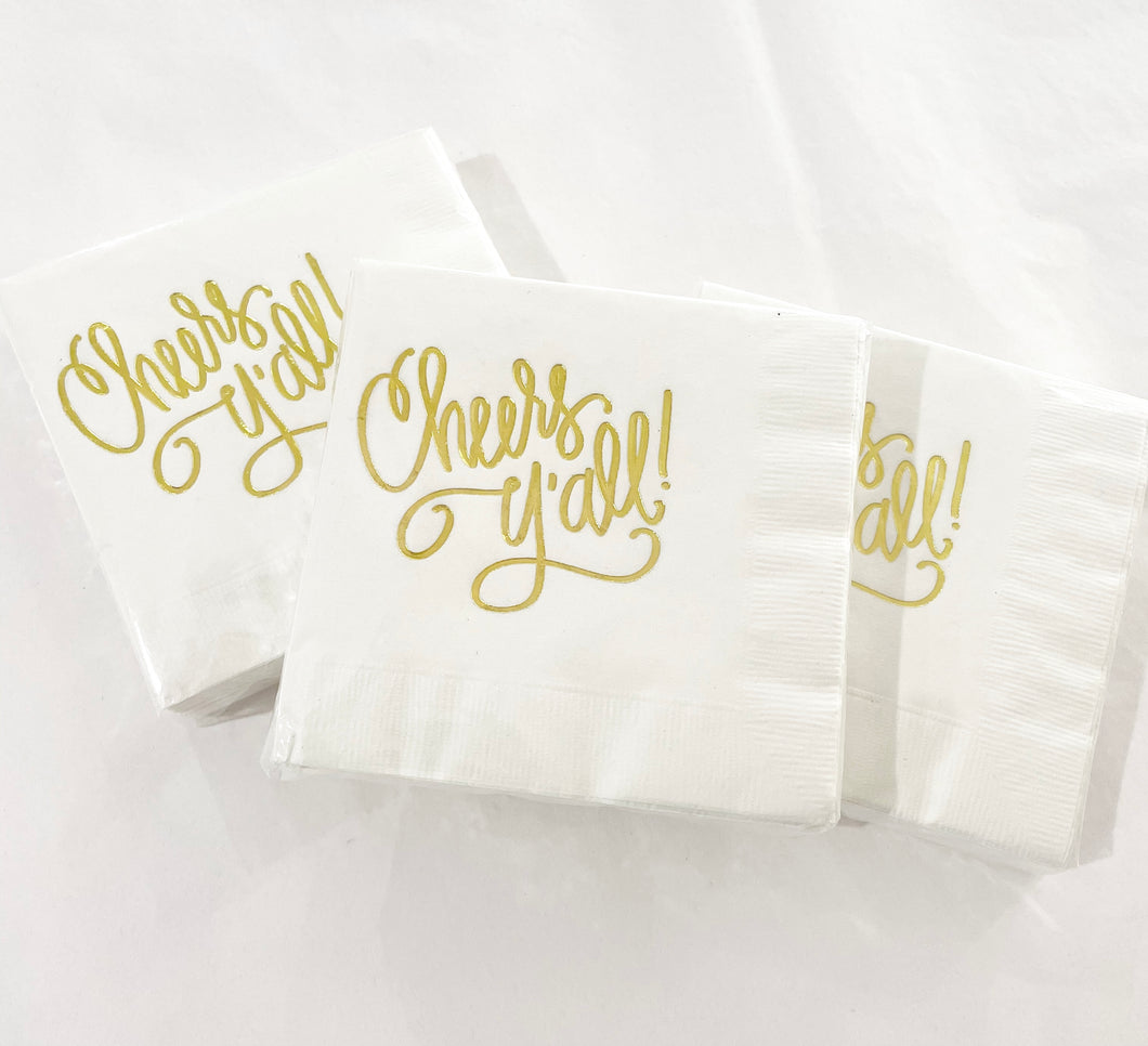 Cheers Y'all 25 White Napkins with Gold Lettering